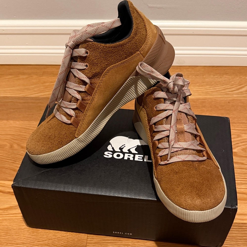 Sorel Out N About Plus Sneaker WP. Women's Tan Suede Waterproof Sneakers